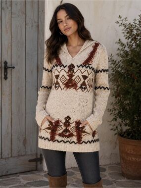 Free People Women's Southwestern Aztec Boho Wool Linen Hoodie Sweater Dress Sz S